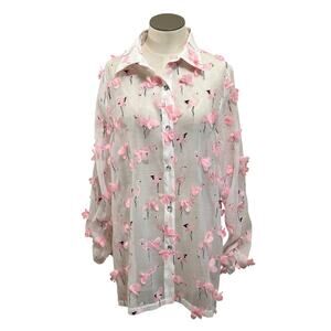 Just B Womens Sheer Pink & White Oversized 3D Flamingo Button Up Shirt Sz S